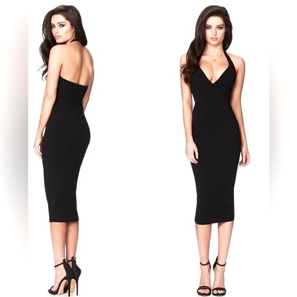 Nookie NWT Black Medea Halter Bodycon Midi Cocktail Pencil Dress Medium - Picture 1 of 8